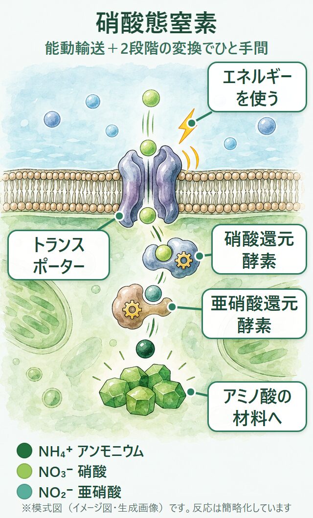硝酸態窒素（NO3-）は、トランスポーターでエネルギーを使って取り込まれ、硝酸還元酵素と亜硝酸還元酵素の2段階でアンモニウムに変わってから、アミノ酸の材料になります（イメージ図）