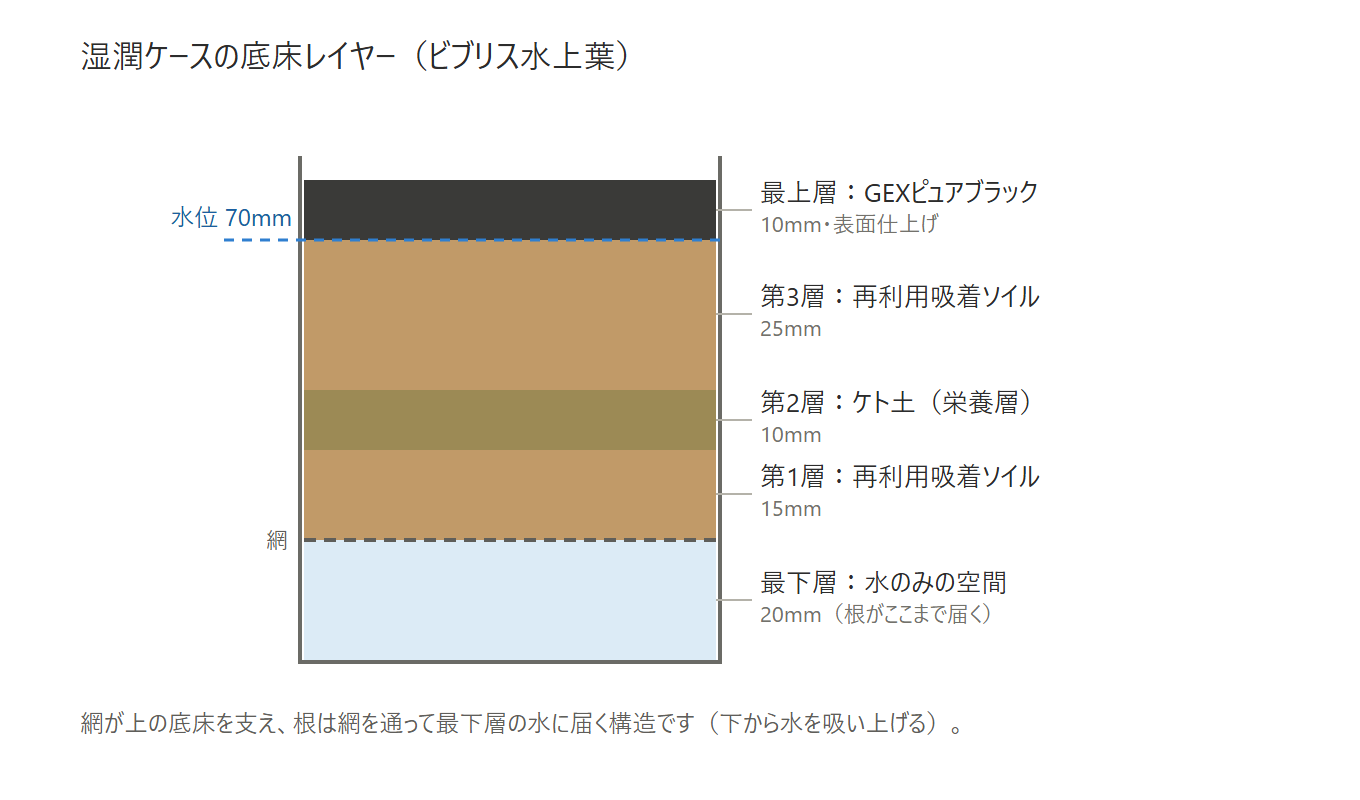 湿潤ケース（ビブリス水上葉）の底床レイヤー断面図。最下層の水・網の上に吸着ソイル15mm・ケト土10mm（栄養層）・吸着ソイル25mm・ピュアブラック10mmを重ねた構成