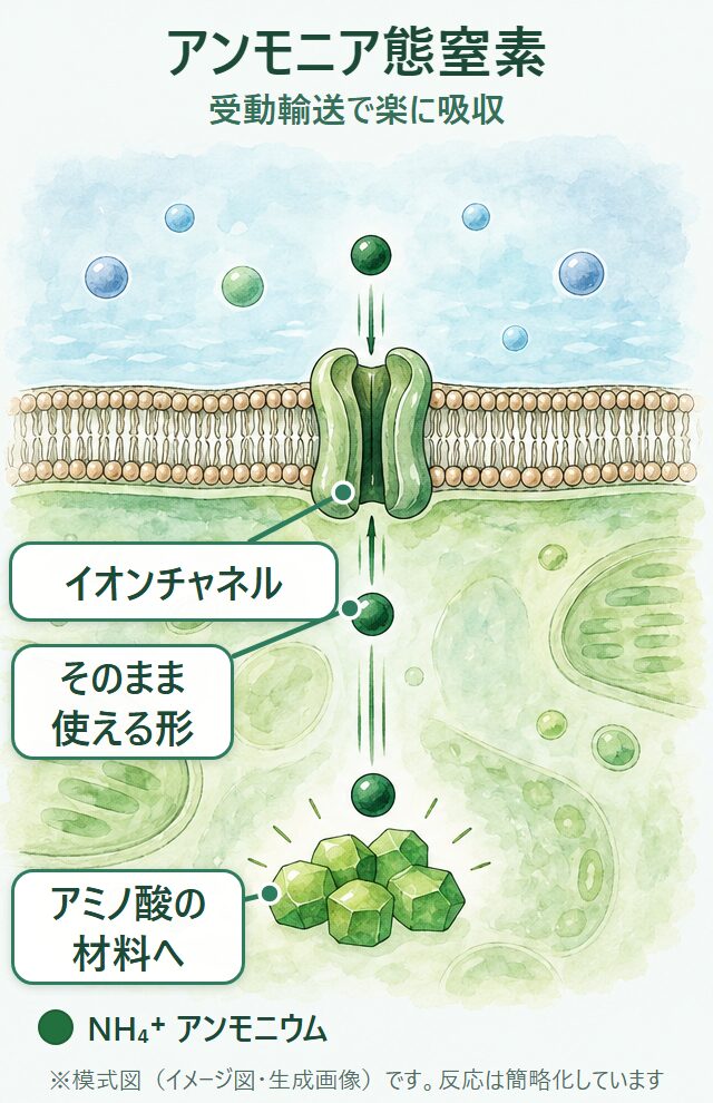 アンモニア態窒素（NH4+）は、イオンチャネルを通る受動輸送で根の細胞に入り、1ステップでそのままアミノ酸の材料になります（イメージ図）